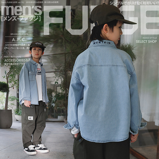 儿童复古条纹长袖 日系潮牌童装 男童衬衫 2025新款 衬衣牛仔外套 秋装