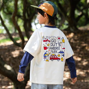 儿童涂鸦速干T恤户外登山徒步衣服潮 假两件长袖 男童秋装 2025新款