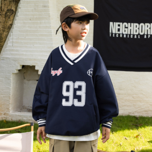 男童V领套头衫 上衣潮 内里加厚外套儿童秋冬加绒宽松卫衣中大童装