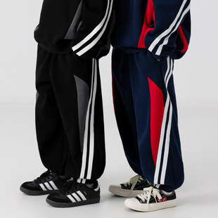 子潮 保暖中大儿童裤 潮童装 拼色重工三条杠男童宽松日系加绒休闲裤