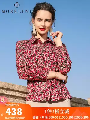Mulan retro printed shirt women's slim-fit long-sleeved floral lapel shirt Mom temperament chic top short section