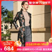 MORELINE Mulan Womens 2019 Mùa xuân và mùa thu Áo dài mới của phụ nữ Thắt lưng in áo gió dài vừa phải - Trench Coat