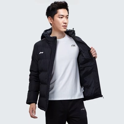 李宁冬季棉服男款宽松休闲百搭黑色棉袄加厚保暖连帽运动大衣外套