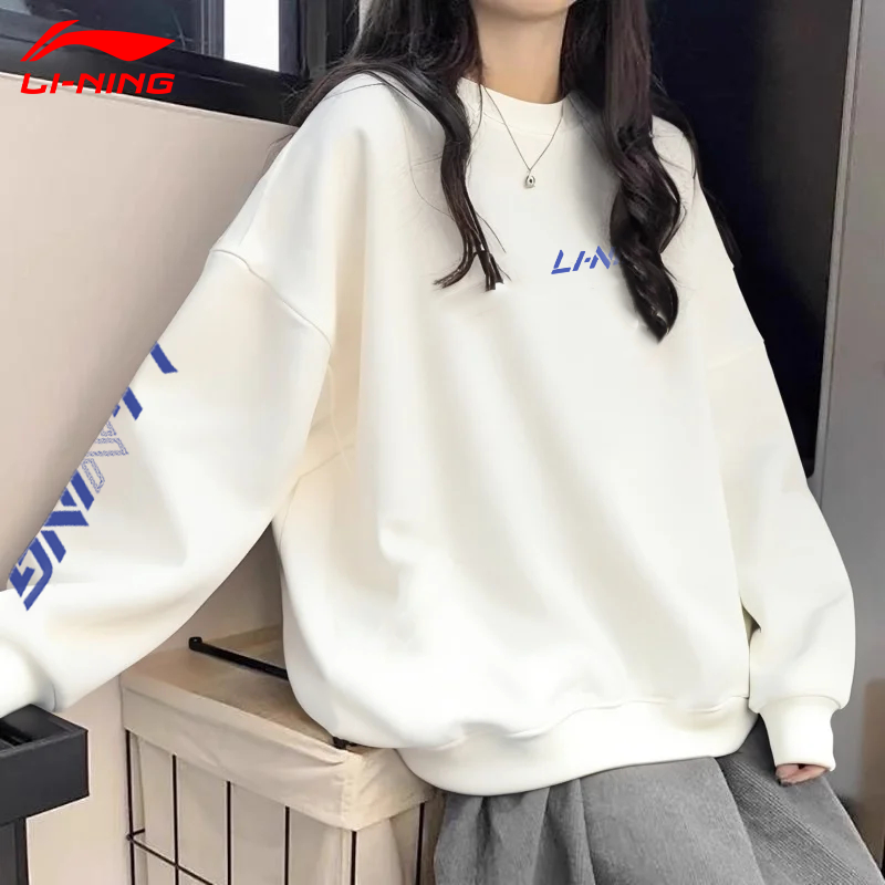 李宁圆领白色卫衣女士秋季新款潮流时尚套头无帽卫衣运动服上衣女
