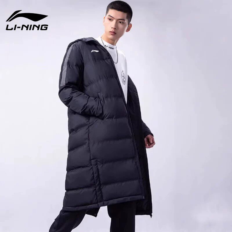 李宁秋冬男款长款保暖棉服防风连帽过膝简约百搭加厚训练服男