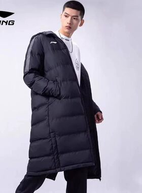 李宁秋冬男款长款保暖棉服防风连帽过膝简约百搭加厚训练服男