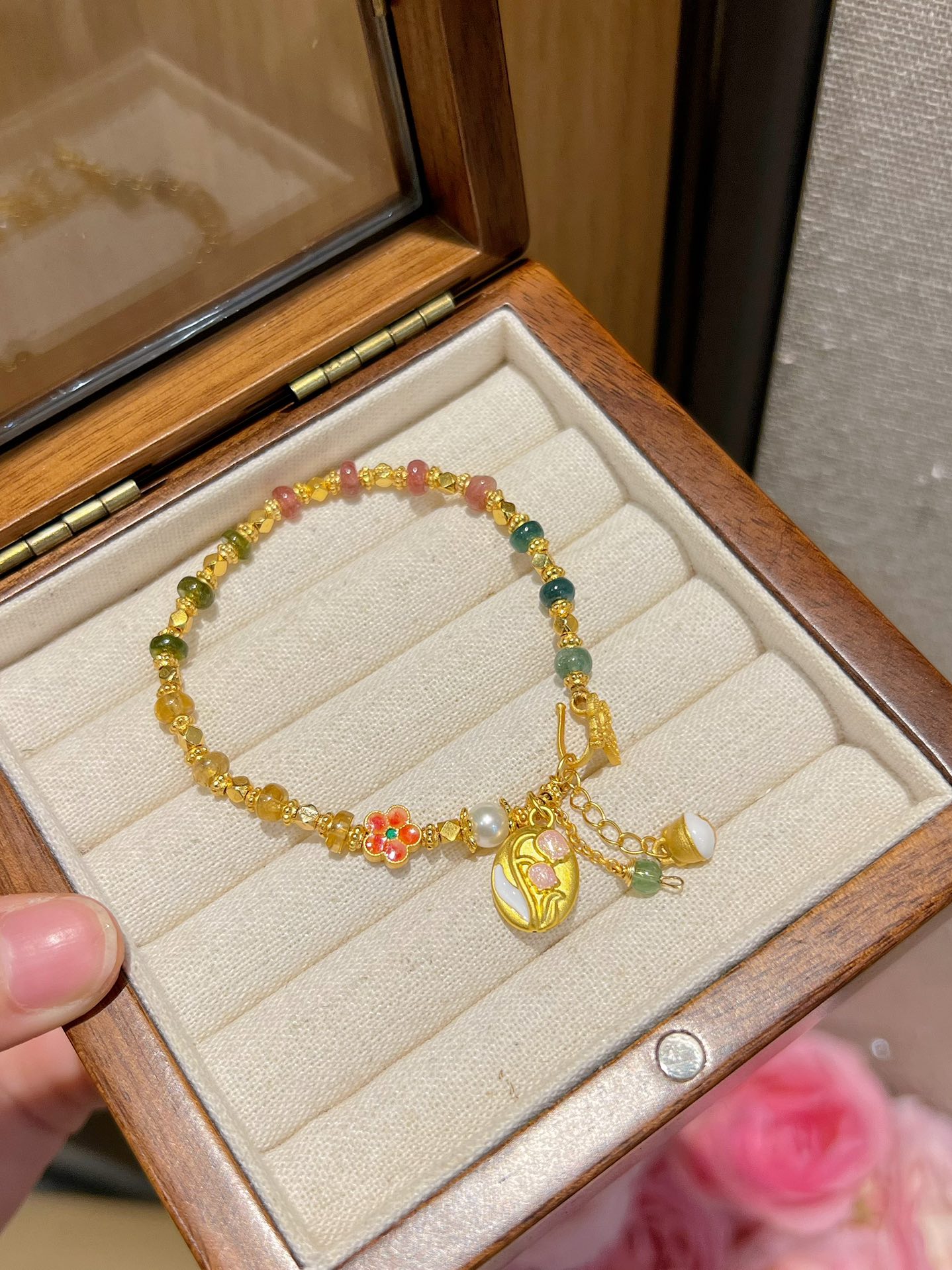 足金999铃兰花＋天然碧玺手串＋古法银配饰赠青白玉手镯欢喜礼盒