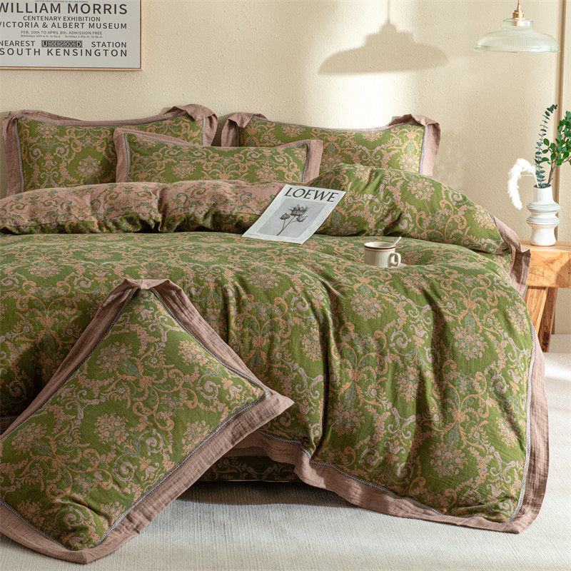 上新轻奢复古A类母婴色织提花双层纱四件套镂空宽边被套纯棉床品