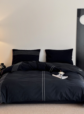 ins北欧全棉提花四件套纯棉色织穿针风极简黑色床单床笠四季通用