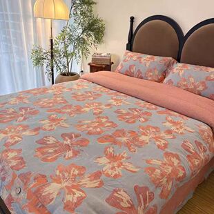 中古美学A类色织提花双层纱全棉四件套双面可用暖色纯棉床单被套