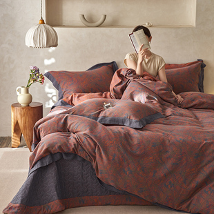 轻奢复古A类母婴裸睡色织提花全棉双层纱四件套高级感软床品床单