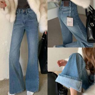 宫牛仔裤palace99996蓝色弹力牛仔裤女水洗高腰宽松显瘦微喇叭裤