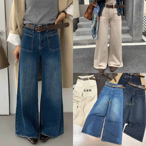 秋季高腰显瘦阔腿牛仔裤女带腰带