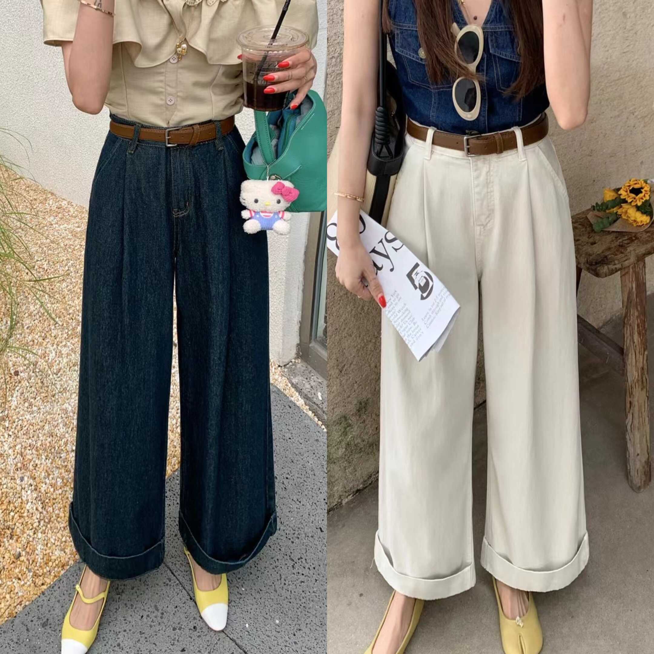 L@YER冰丝垂感薄料直筒牛仔阔腿裤女2024夏季高腰宽松显瘦拖地裤