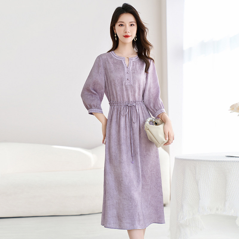 2026新款桑蚕丝亚麻重磅真丝连衣裙夏妈妈高端品牌丝麻香芋色裙子