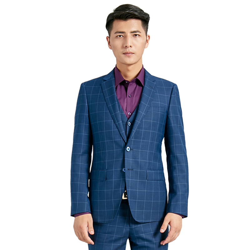 西服套装男士修身青年商务休闲格子结婚礼服西装中开叉免烫