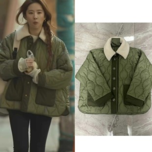 刘亦菲同款葫芦纹菱格棉服冬季撞色拼接廓形轻薄休闲翻领棉衣外套