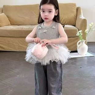 韩国童装 女宝宝背心夏装 2025女童甜美立体花朵无袖 上衣儿童牛仔裤