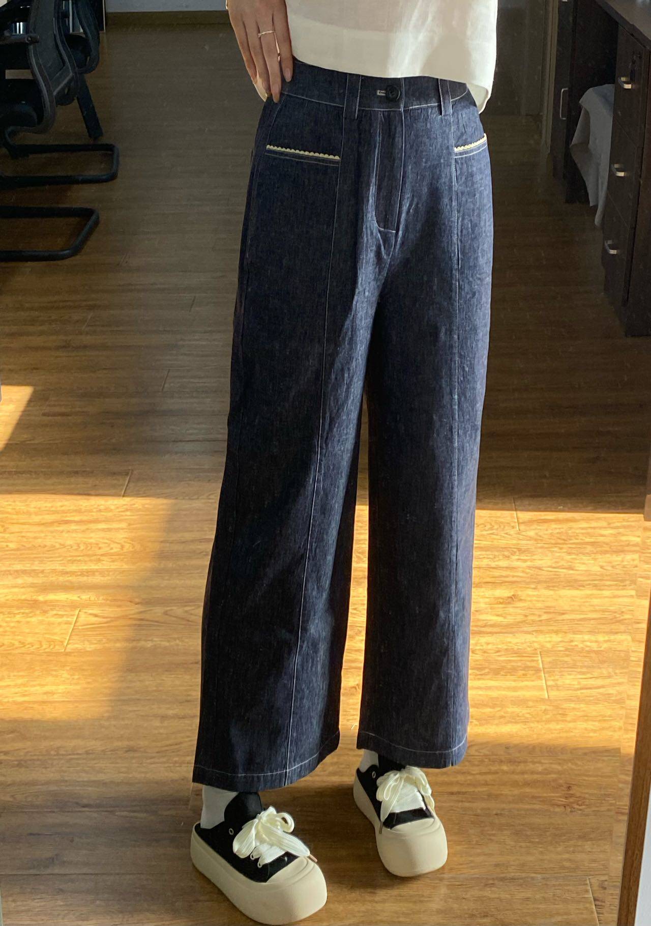 夏日凉爽  棉麻口袋花边显瘦直筒裤减龄垂感慵懒休闲百搭九分裤