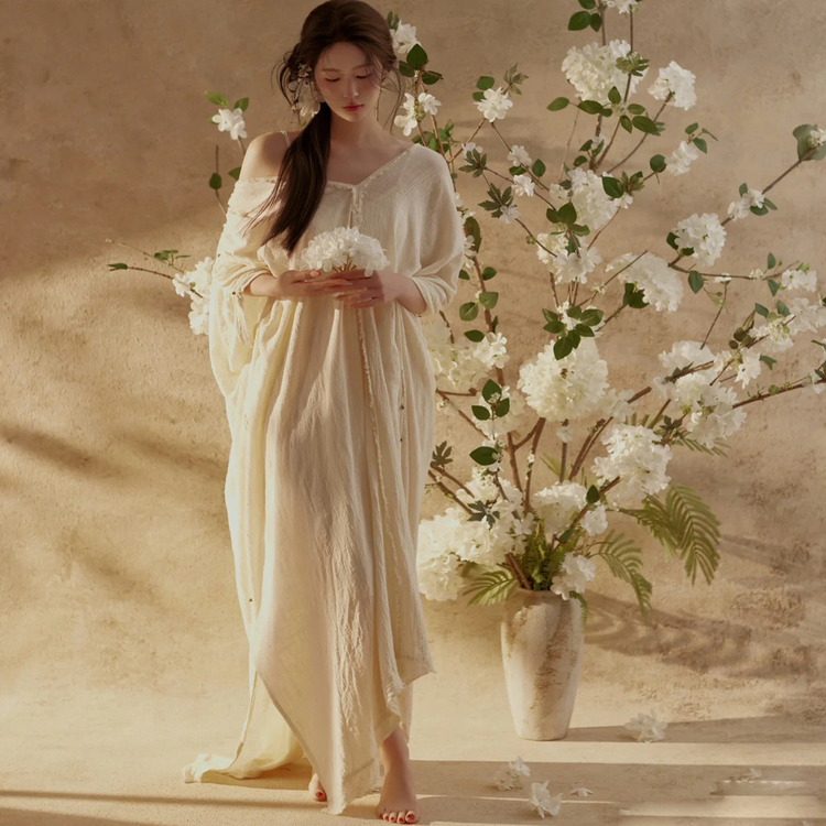 气质白色宽松大码晨袍禅意连衣裙
