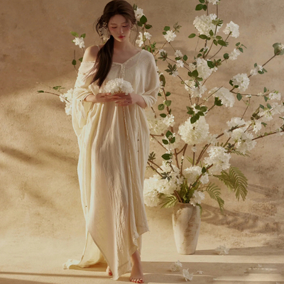 气质白色宽松大码晨袍禅意连衣裙