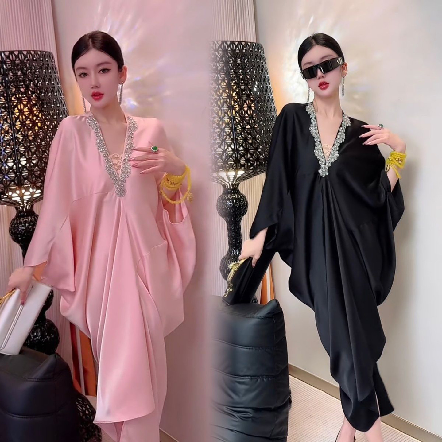 法式V领气质名媛风醋酸缎面蝙蝠袖轻奢高级感孕妇大码女装连衣裙