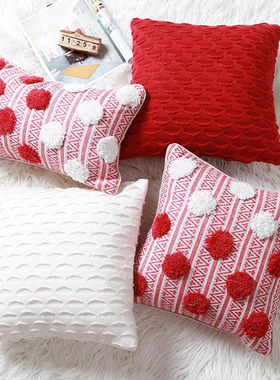 红色簇绒抱枕客厅沙发纯色针织靠垫套车载护腰床头靠背软包不含芯