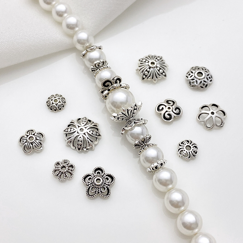 S925银复古藏银花托花帽隔片手工diy串水晶珍珠手链项链隔珠配件