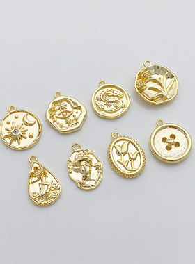 14K包金女王头像纽扣圆牌吊坠