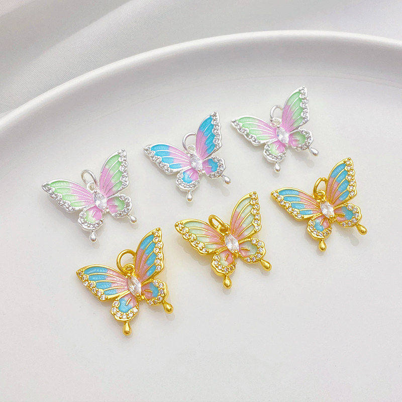 18K包金保色银色滴油锆石蝴蝶吊坠挂件手工diy手链项链材料配件