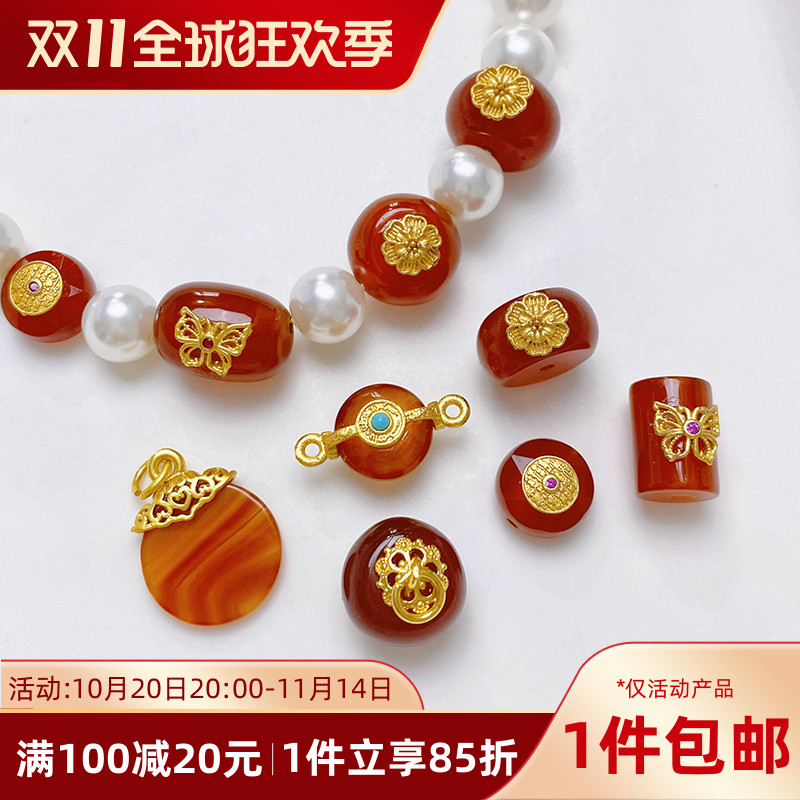 天然红玛瑙古法金桶珠隔珠吊坠