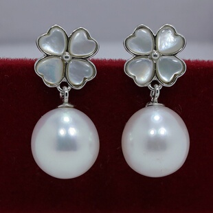 精品9-10mm无核淡水珍珠耳钉天然强光短款耳饰S925纯银幸运四叶草