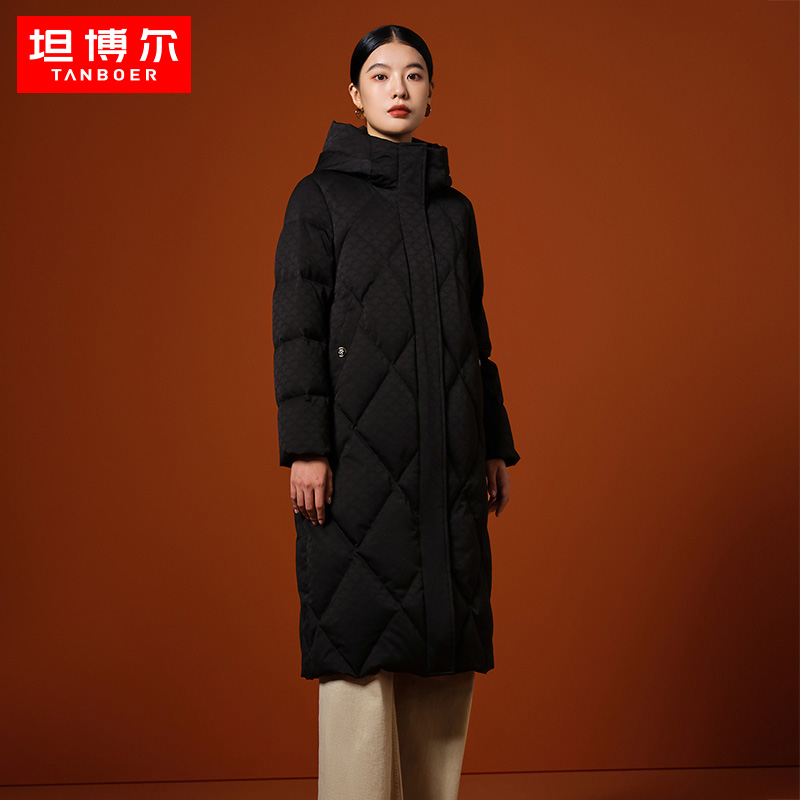 坦博尔冬季新款鹅绒羽绒服女连帽长款过膝保暖加厚外套正品旗舰店