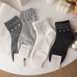 袜子女短筒无骨棉质低帮 新品 费尔岛风甜美爱心刺绣短袜 25年秋季