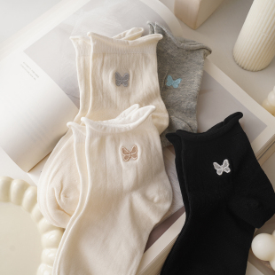 春夏初秋低帮短筒棉袜 袜子女短袜 无骨小卷边 甜美小蝴蝶刺绣薄款