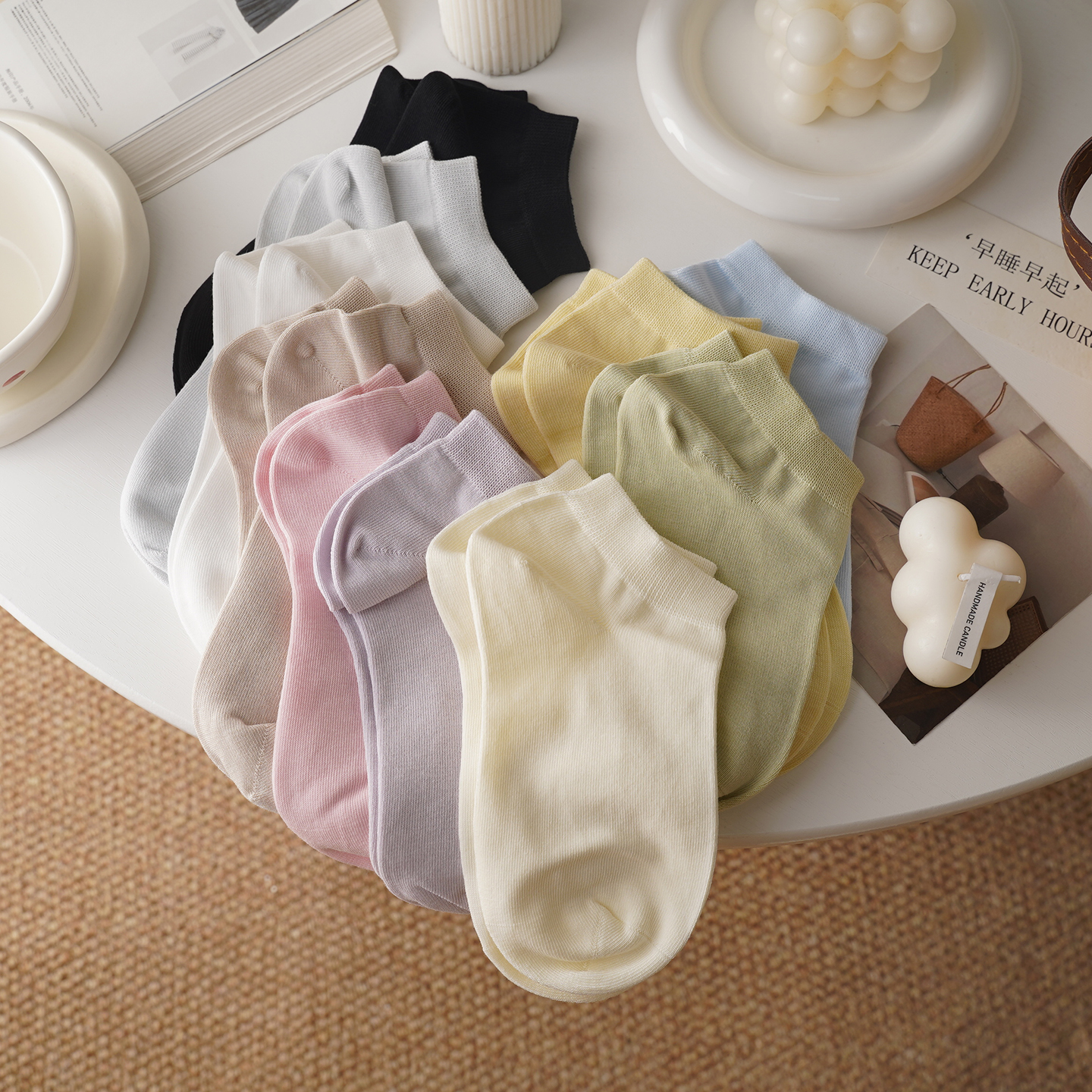 无骨抗起球~糖果色袜子女短袜纯棉~春夏薄款低帮浅口短筒纯色棉袜