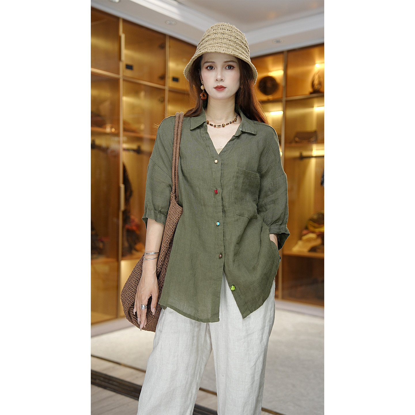 【100%雨露亚麻】短袖衬衫女夏季新款纯色翻领纯色麻料上衣服