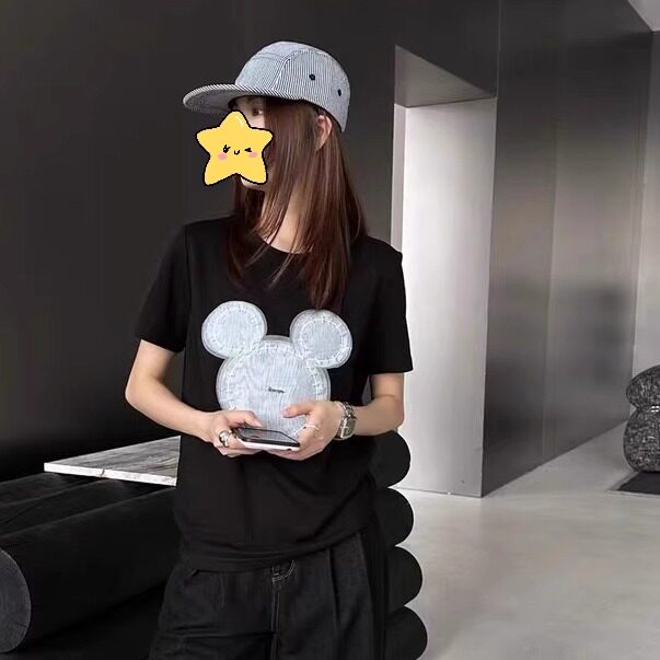 2025新款韩版卡通米奇贴布重工亮片刺绣显瘦小个子短袖黑T恤女