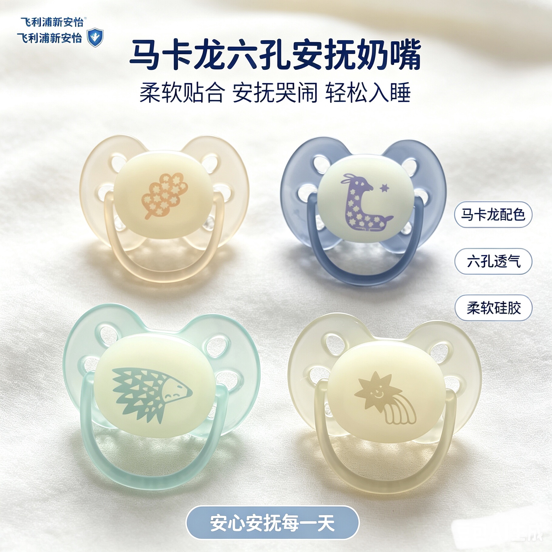 AVENT新安怡6-18个月夜光马卡龙安抚奶嘴0到3号6月新生婴儿扁头