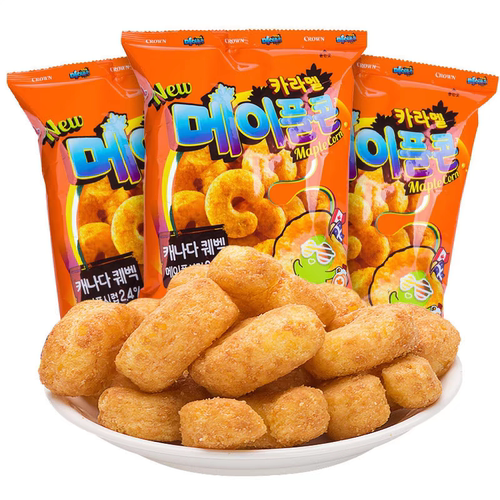 韩国进口CROWN克丽安裹糖浆玉米脆74g袋装焦糖味脆条腰果形状零食