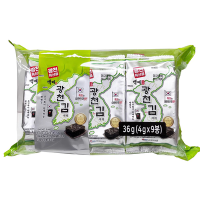 韩国进口百济广川传统海苔烤海苔即食儿童零食36g含9包紫菜包饭