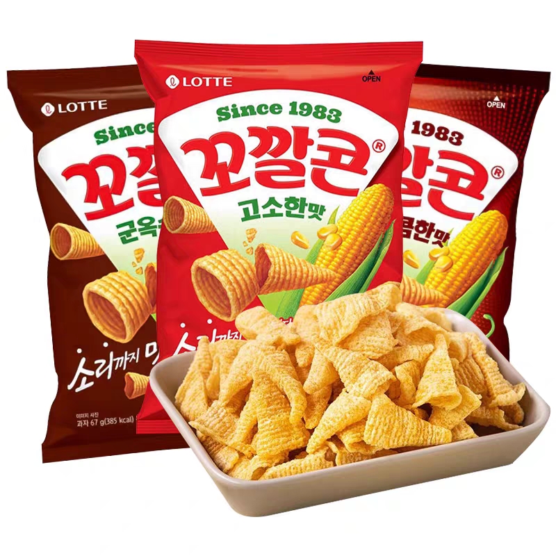 包邮韩国进口乐天妙脆角香浓玉米味辣脆脆角尖角膨化休闲膨化零食