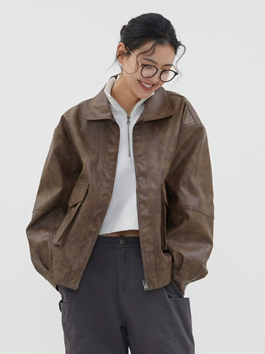 Livingtown Retro American Locomotive PU Кожаная кожа перевернутая много -карманная тяжелая непринужденная свободная кожаная куртка