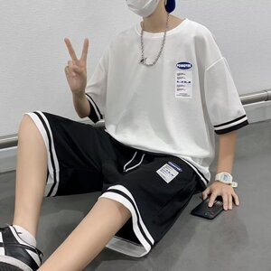 短袖文艺简约潮流五分裤休闲套装气质男日系夏季T恤时尚原宿百搭图片