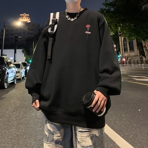 圆领卫衣男士玫瑰花小标卫衣简约休闲无帽卫衣外套男生潮牌图片