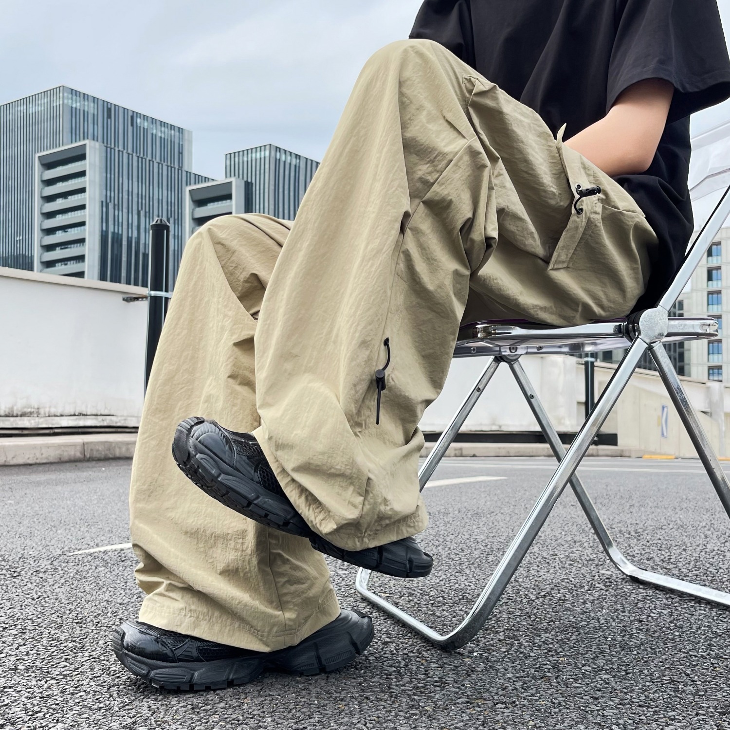 户外薄款速干休闲伞兵裤男女夏季vibe潮牌褶皱抽绳运动直筒工装裤，男装工装外套，星座204-2