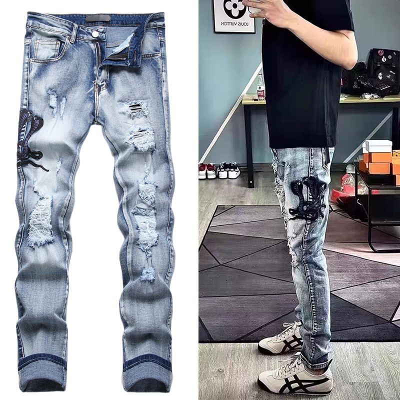 欧货潮牌刺绣眼镜蛇破洞牛仔长裤