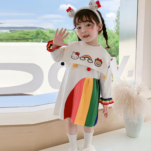 熙萱女童秋冬连衣裙多巴胺彩色KT猫儿童毛衣裙翻领毛球长袖针织裙