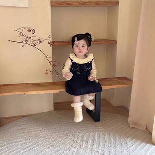 秋冬女婴童手钩花背带裙女宝打底荷叶领毛衣+扇裙