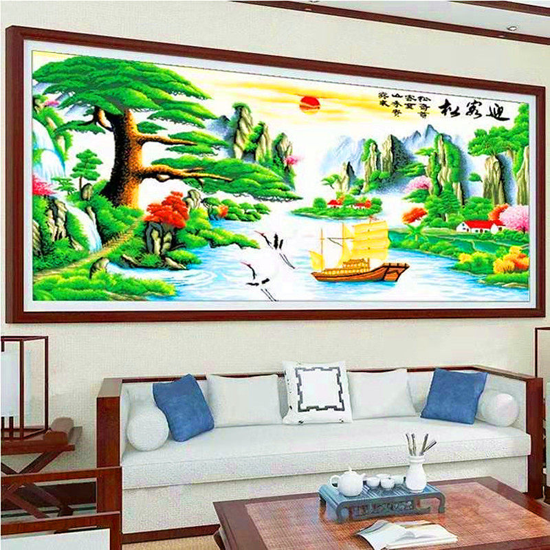 串珠绣十字绣客厅山水画全珠子绣迎客松彩珠流水生财穿珠丝线风景